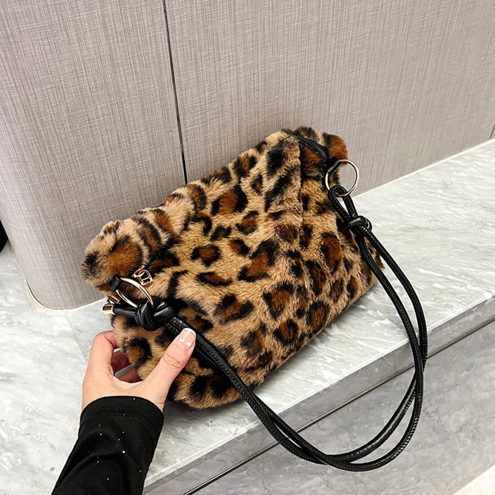 Leopard Soft Plush Shoulder Bag Vintage Casual Commuter Ladies Satchel