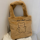 Women's Plush Bear Shoulder Bag Soft Canvas Tote Handbag