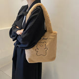 Women's Plush Bear Shoulder Bag Soft Canvas Tote Handbag