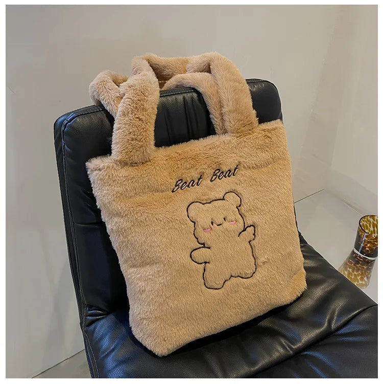 Women's Plush Bear Shoulder Bag Soft Canvas Tote Handbag