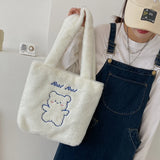 Women's Plush Bear Shoulder Bag Soft Canvas Tote Handbag