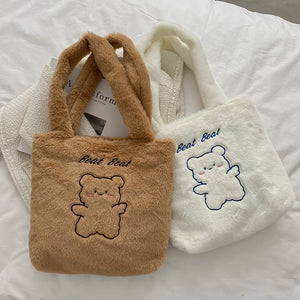 Women's Plush Bear Shoulder Bag Soft Canvas Tote Handbag
