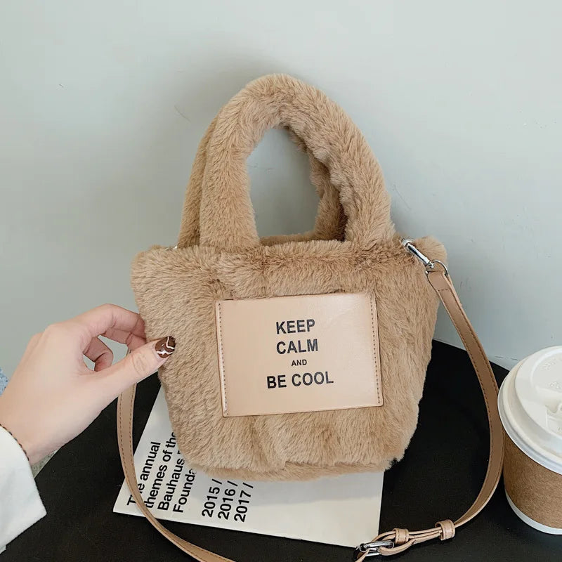 Vintage Warm Plush Shoulder Handbag Women Crossbody Bucket Bag