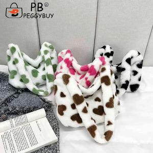 Love Heart Print Fluffy Top-handle Bag for Holiday Party