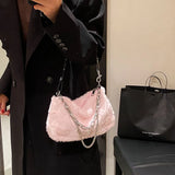 Plush Top-handle Bag Soft Fluffy Purse with Multi-layer Chains for Travel