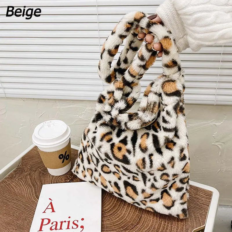 Plush Tote Bag Leopard Print Shoulder Bag Soft Handbag