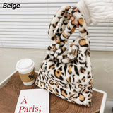 Plush Tote Bag Leopard Print Shoulder Bag Soft Handbag
