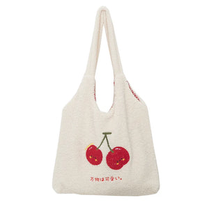 Cherry Embroidery Tote Bag Women Autumn Winter Plush Handbag Eco Shoulder