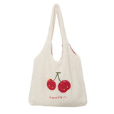 Cherry Embroidery Tote Bag Women Autumn Winter Plush Handbag Eco Shoulder