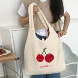 Cherry Embroidery Tote Bag Women Autumn Winter Plush Handbag Eco Shoulder