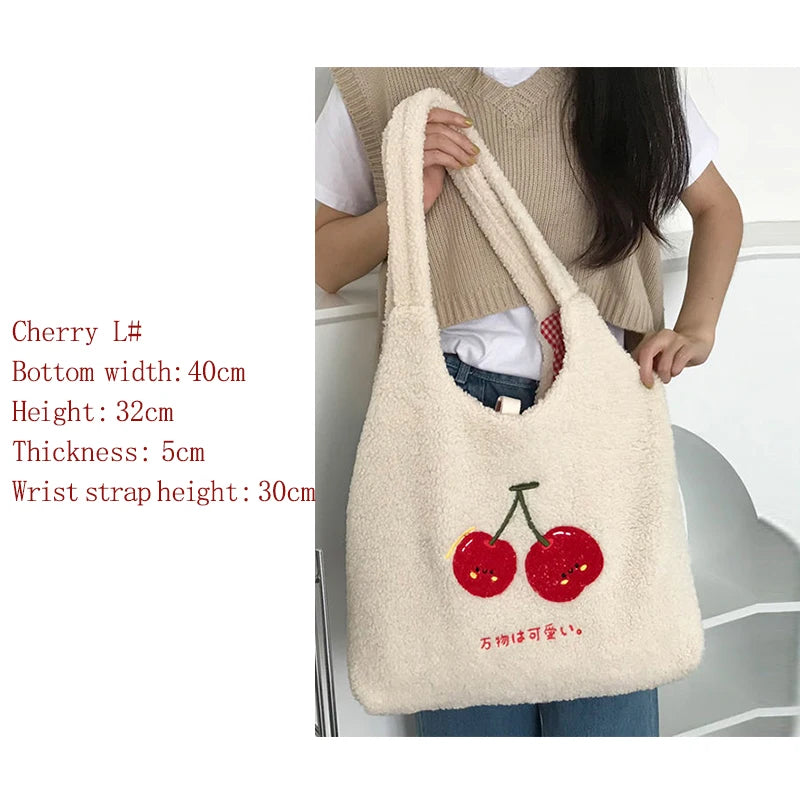 Cherry Embroidery Tote Bag Women Autumn Winter Plush Handbag Eco Shoulder