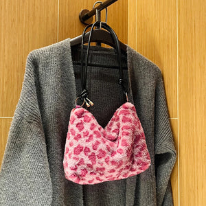 Leopard Faux Fur Underarm Bag Soft Warm Vintage Style for Autumn Winter