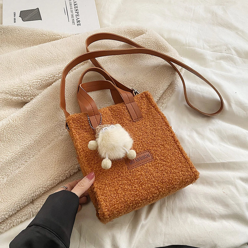 Faux Lambswool Crossbody Bag with Pendant - Warm Winter Casual Bag