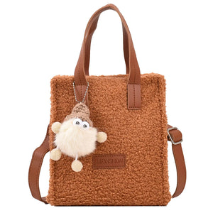Faux Lambswool Crossbody Bag with Pendant - Warm Winter Casual Bag
