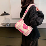 Plush Women Shoulder Bag Love Heart Printed Soft for Street Travel
