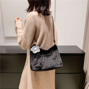 Plush Women Shoulder Bag PU Strap Autumn Winter Female Commute Bag