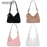 Plush Women Shoulder Bag PU Strap Commute Bag with Flower Pendant