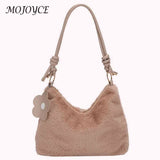 Plush Women Shoulder Bag PU Strap Commute Bag with Flower Pendant