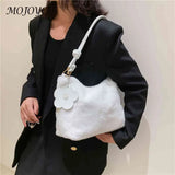 Plush Women Shoulder Bag PU Strap Commute Bag with Flower Pendant