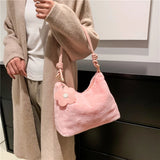 Plush Women Shoulder Bag PU Strap Autumn Winter Female Commute Bag