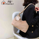 Plush Women Shoulder Bag Autumn Winter Commute Bag Casual Solid Flower Pendant