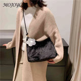 Plush Women Shoulder Bag PU Strap Commute Bag with Flower Pendant