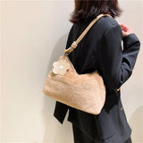 Plush Women Shoulder Bag with Flower Strap Soft Solid Handbags