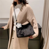 Plush Women Shoulder Bag with Flower Strap Soft Solid Handbags