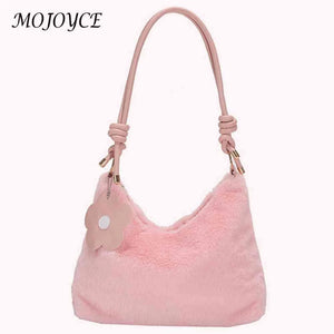 Soft Plush Women Shoulder Bag with Flower Pendant