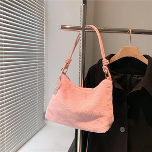 Plush Shoulder Bag with Flower Pendant