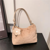 Plush Shoulder Bag with Flower Pendant