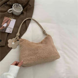 Plush Women Shoulder Bag with Flower Pendant