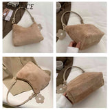 Plush Women Shoulder Bag with Flower Pendant