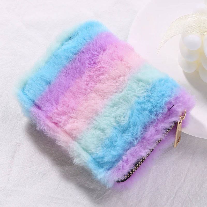 Soft Fluffy Women Wallet Colorful Stripes Female Purse for Travel Gift