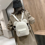 Plush Women's Backpack With Bear Ears Fur Shoulders Bag Furry Women Bag