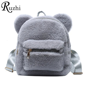 Plush Women's Backpack With Bear Ears Fur Shoulders Bag Furry Women Bag