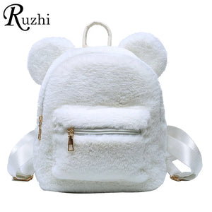 Plush Women's Backpack With Bear Ears Fur Shoulders Bag Furry Women Bag
