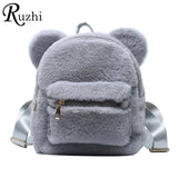 Plush Women's Backpack With Bear Ears Fur Shoulders Bag Furry Women Bag