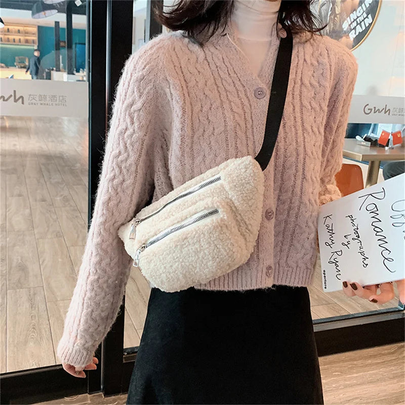 Plush Women's Waist Bag Solid Belt Crossbody Chest Bag