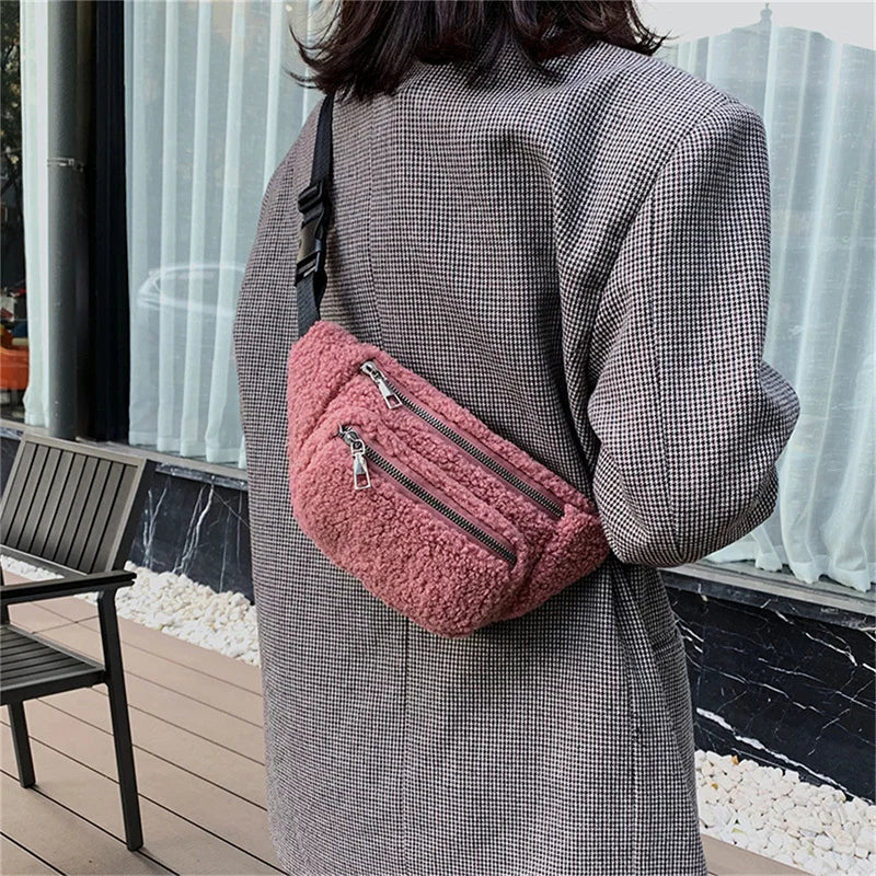Plush Women's Waist Bag Solid Belt Crossbody Chest Bag