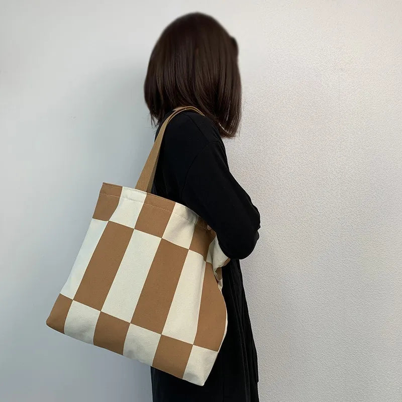 Big Size Canvas Handbag Plaid Stripes Messenger Bag