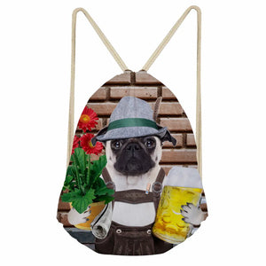 Polyester 3D Animal Pug Dog Print Drawstring Bag for Teens