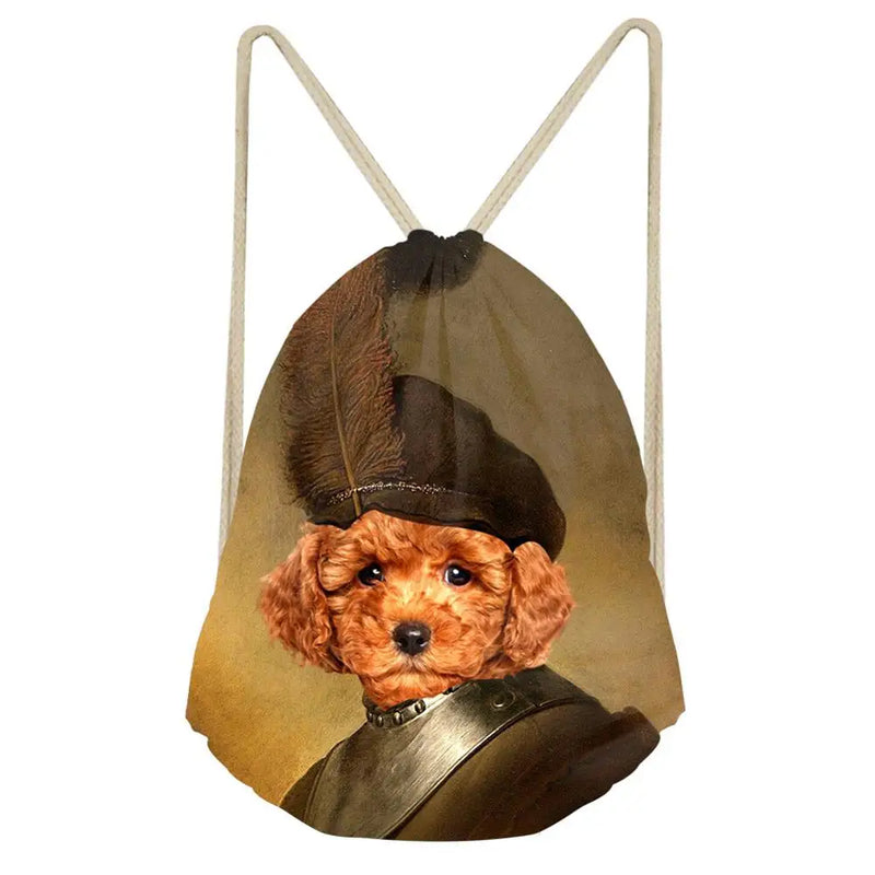 Polyester 3D Animal Pug Dog Print Drawstring Bag for Teens