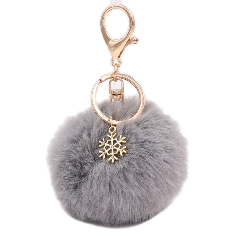 Snowflake Pom Pom Keychain Fluffy Plush Ball Women Girls Bag Accessory Holiday