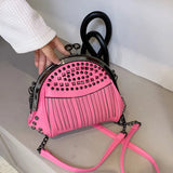 Women's Rivet Shell Bag with Tassel Chain - Red