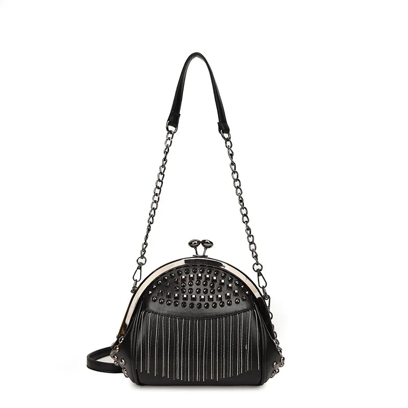 Women's Rivet Shell Bag with Tassel Chain - Red