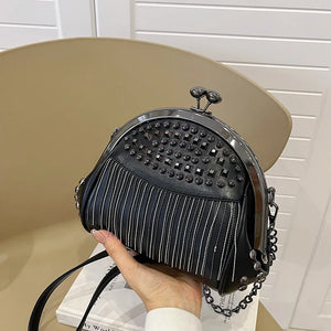 Women's Rivet Shell Bag with Tassel Chain - Red