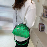 Women's Rivet Shell Bag with Tassel Chain - Red