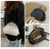 Women's Rivet Shell Bag with Tassel Chain - Red