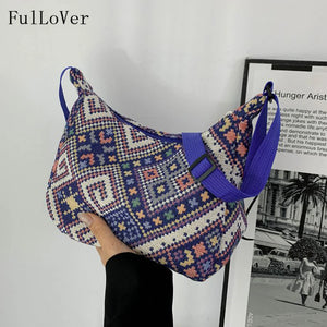 Ethnic Style Canvas Crossbody Tote Bag for Women